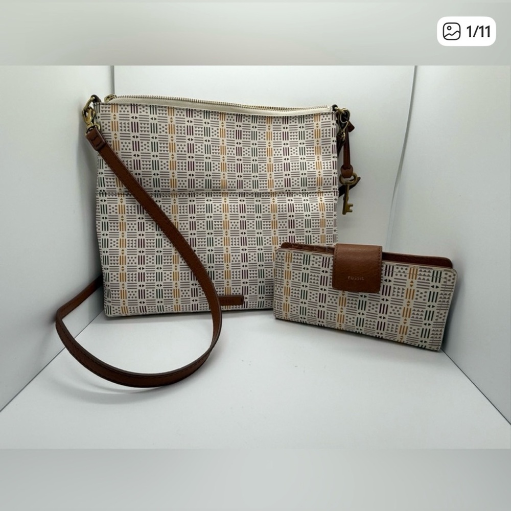 Fossil EUC crossbody bag and wallet set with a geometric pattern.